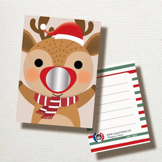Carte de vœux à gratter Renne rigolo "Joyeux Noël" ( En supplément )